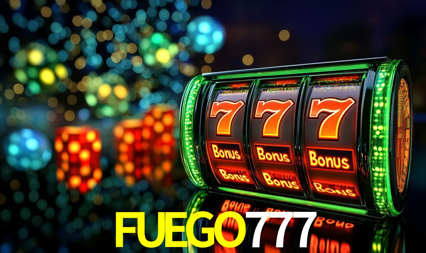 Escena dinámica inspirada en casino con iluminación FUEGO777, cartas, fichas e íconos de juegos digitales en un espacio moderno de juegos.