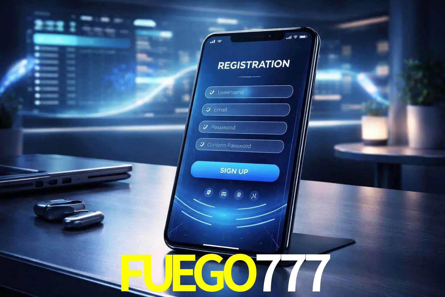 Una interfaz moderna de registro móvil para FUEGO777 mostrada en un smartphone con un panel de apuestas elegante.